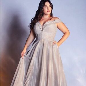 Metallic Champagne off shoulder formal gown with pockets